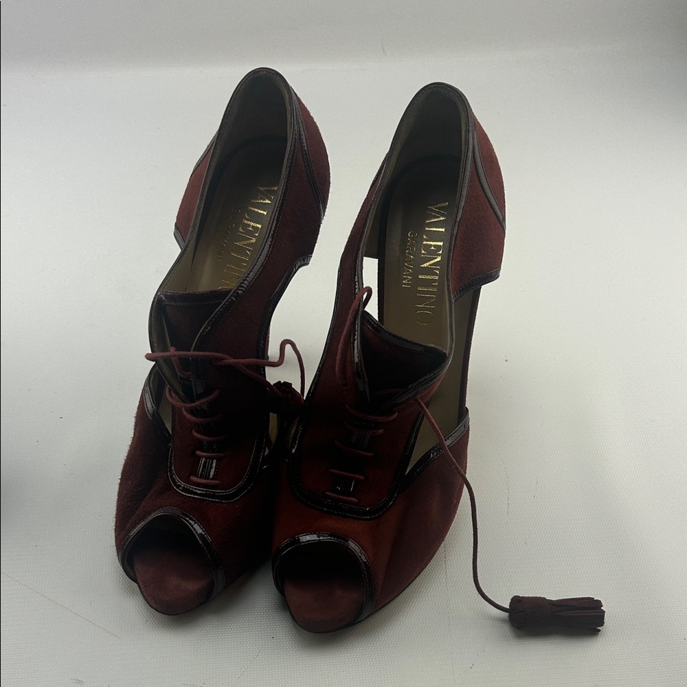 Valentino Burgundy Suede Peep-Toe Lace-Up Heels size 39 Italy